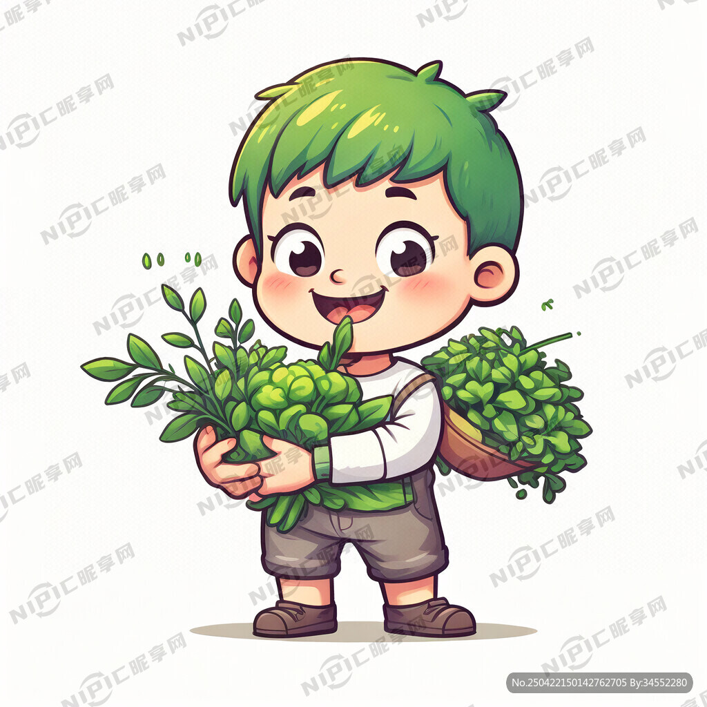 卡通小朋又抱着一把绿色蔬菜