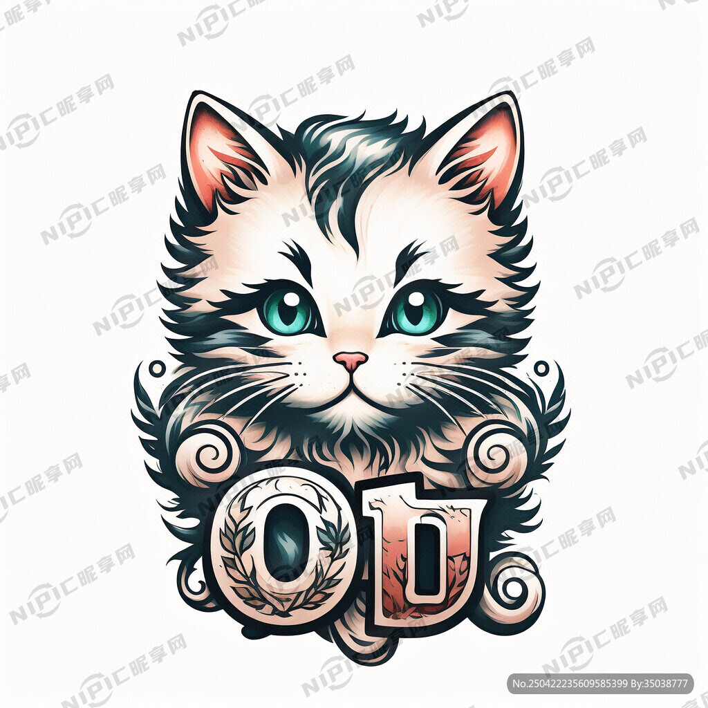 纹身图 带有字母 小猫元素