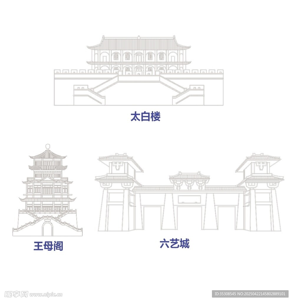 中式古建筑线稿设计图