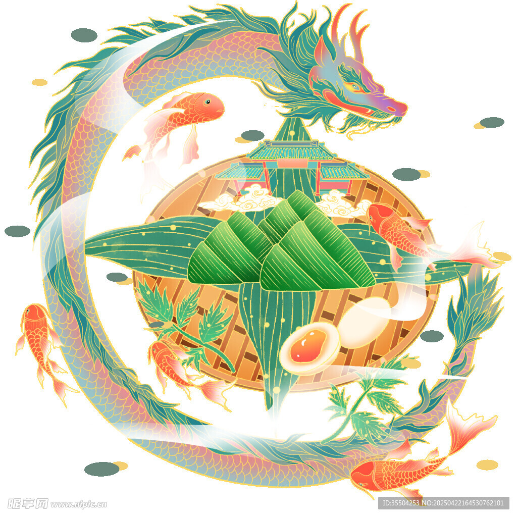 端午龙舟龙鱼插画元素