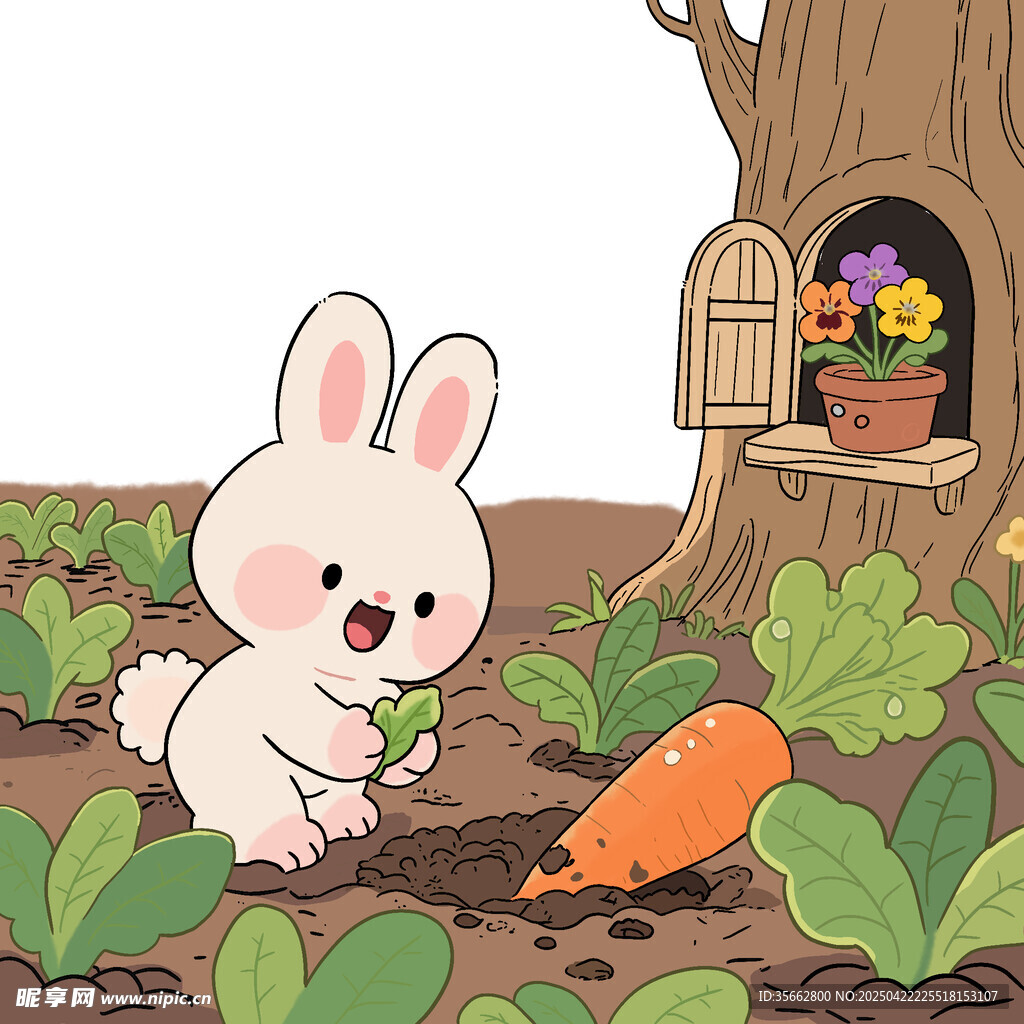 白兔在菜园快乐挖胡萝卜