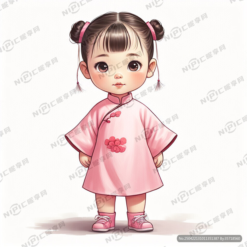 一个可爱的穿着粉色衣服的站立的
