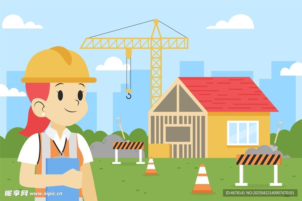 女建筑工人与施工场景