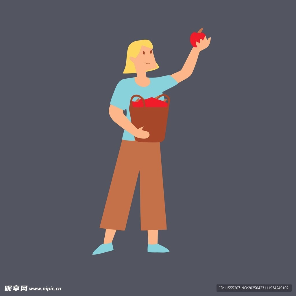 女子手持苹果怀抱果篮