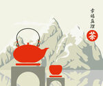 中式红茶壶与茶杯山水景