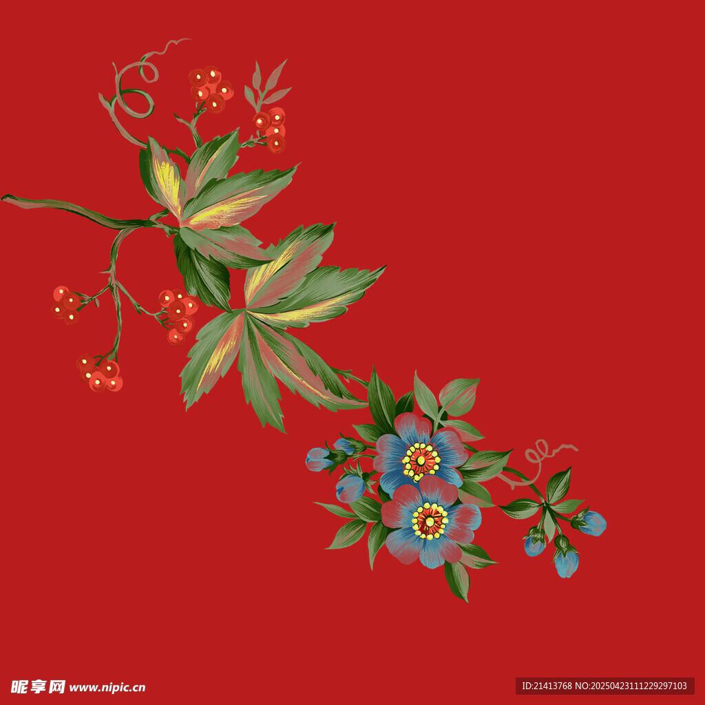 红色背景上的多彩花卉图案