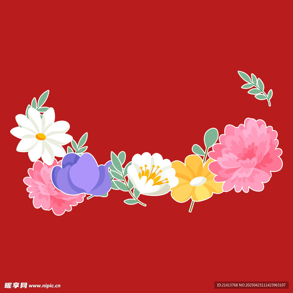 红色背景多彩花卉花环