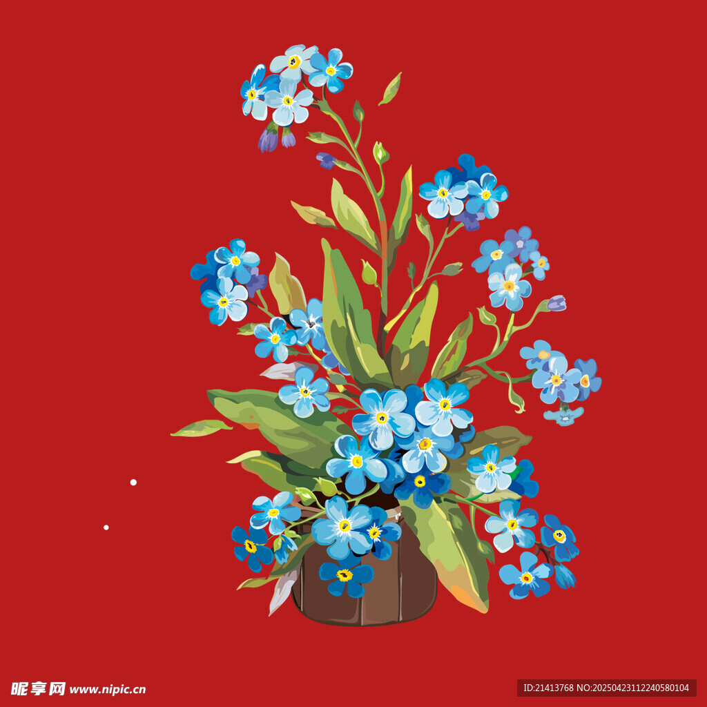 红色背景上的蓝色花卉插画