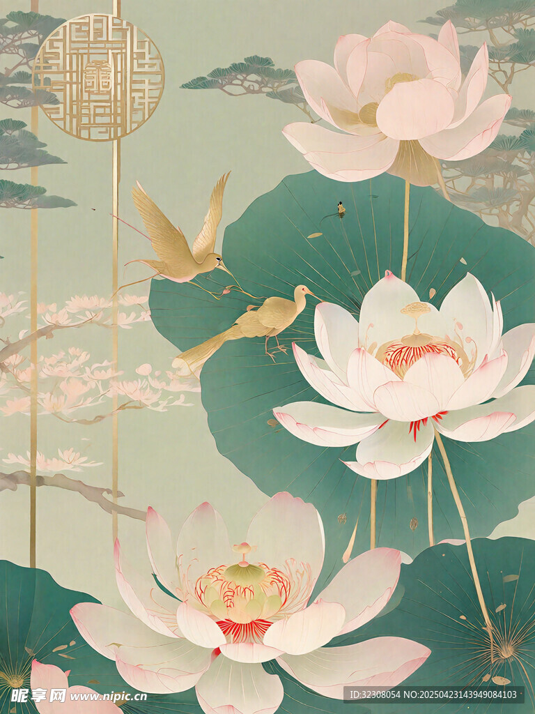 中式荷花图 飞鸟伴荷景
