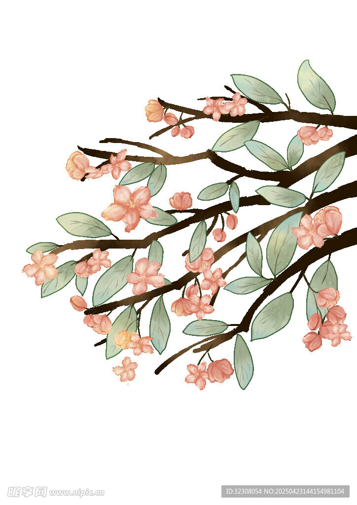 手绘粉色花枝绿叶插画