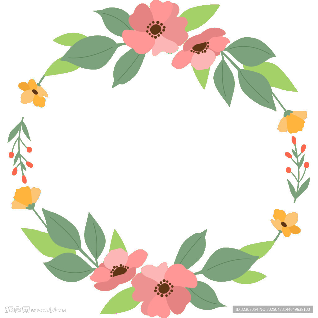 花卉绿叶组成的圆形花环
