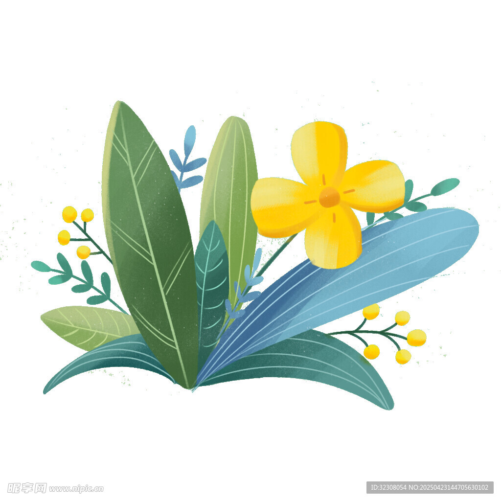 黄色花卉与绿叶插画