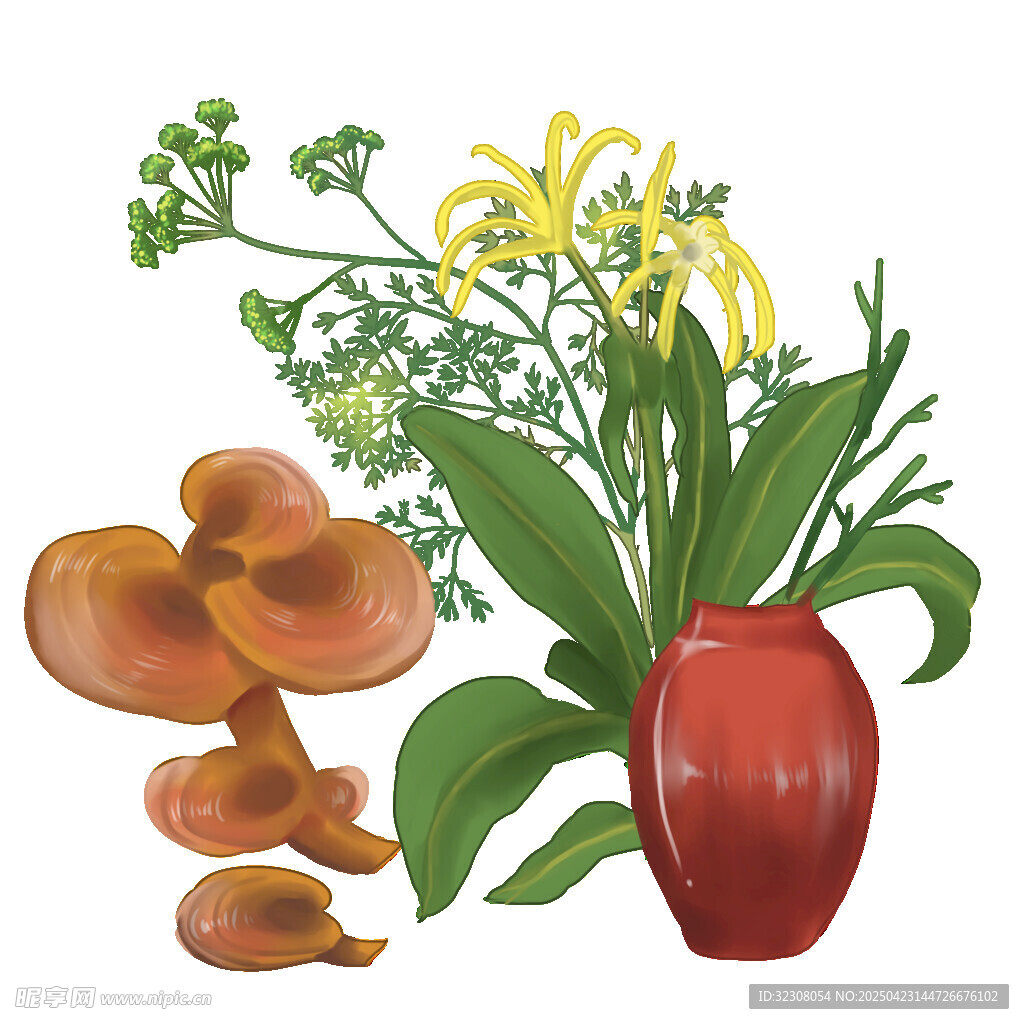 花瓶菊花与蘑菇静物图