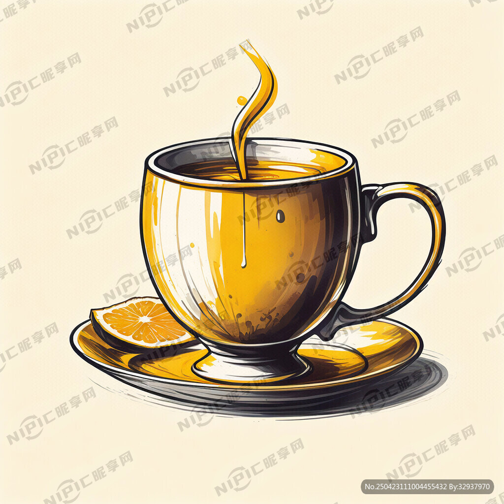 手绘带手柄茶杯里面茶水呈黄色