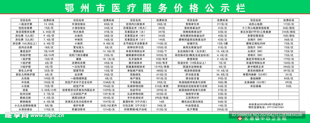 医疗服务价格公示栏