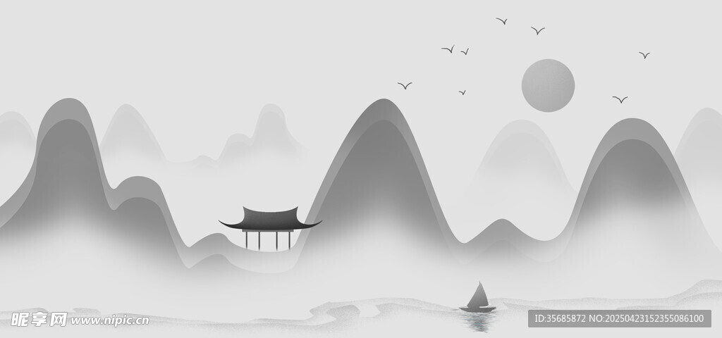 水墨山水孤舟图