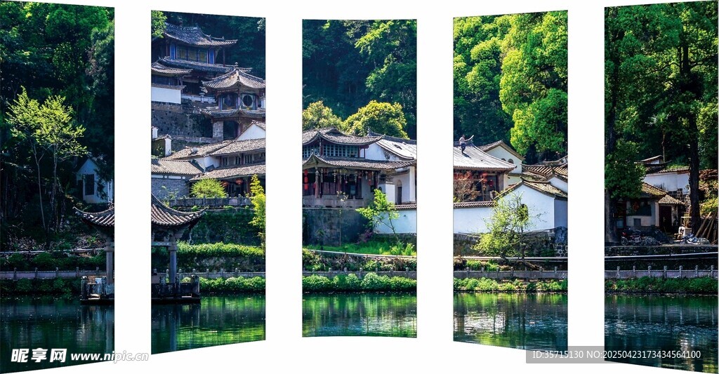 中式园林风景四幅屏画