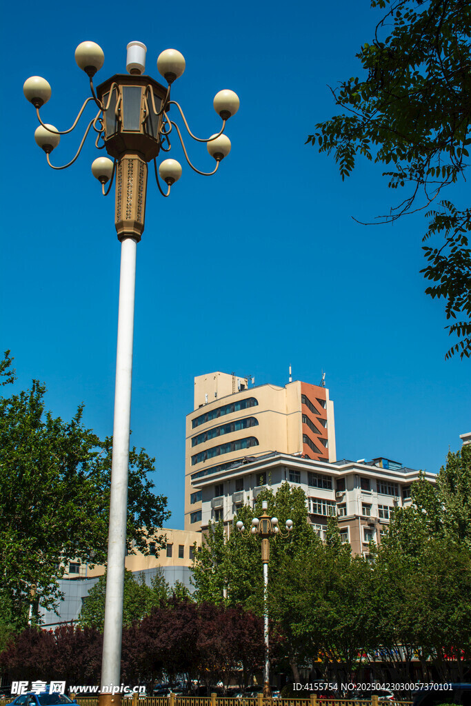 城市路灯与远处建筑景观