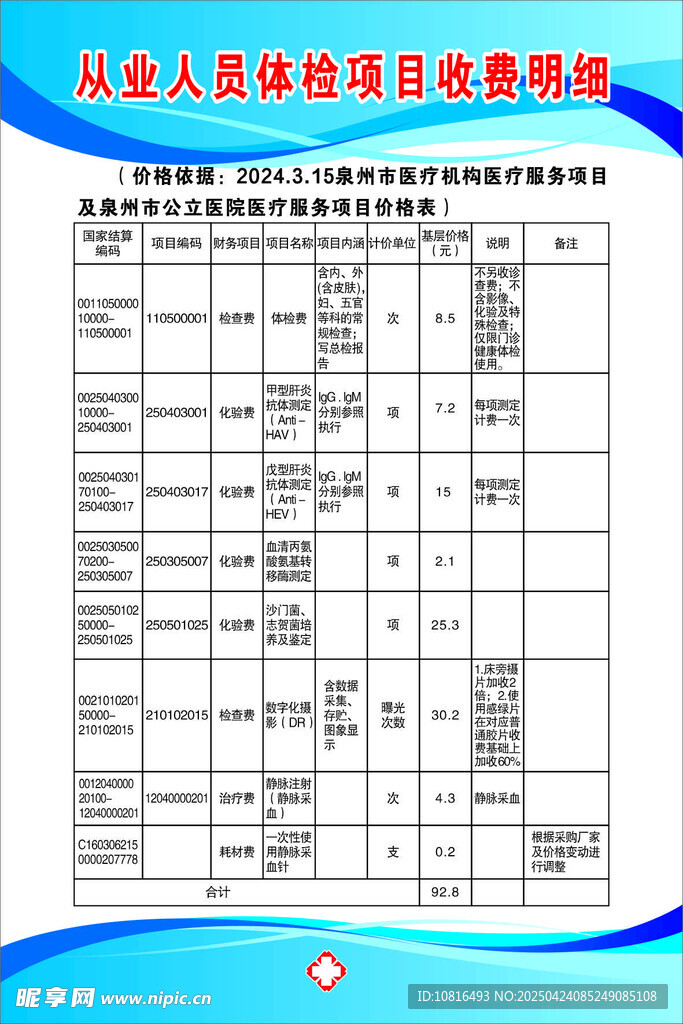 从业人员体检项目收费明细