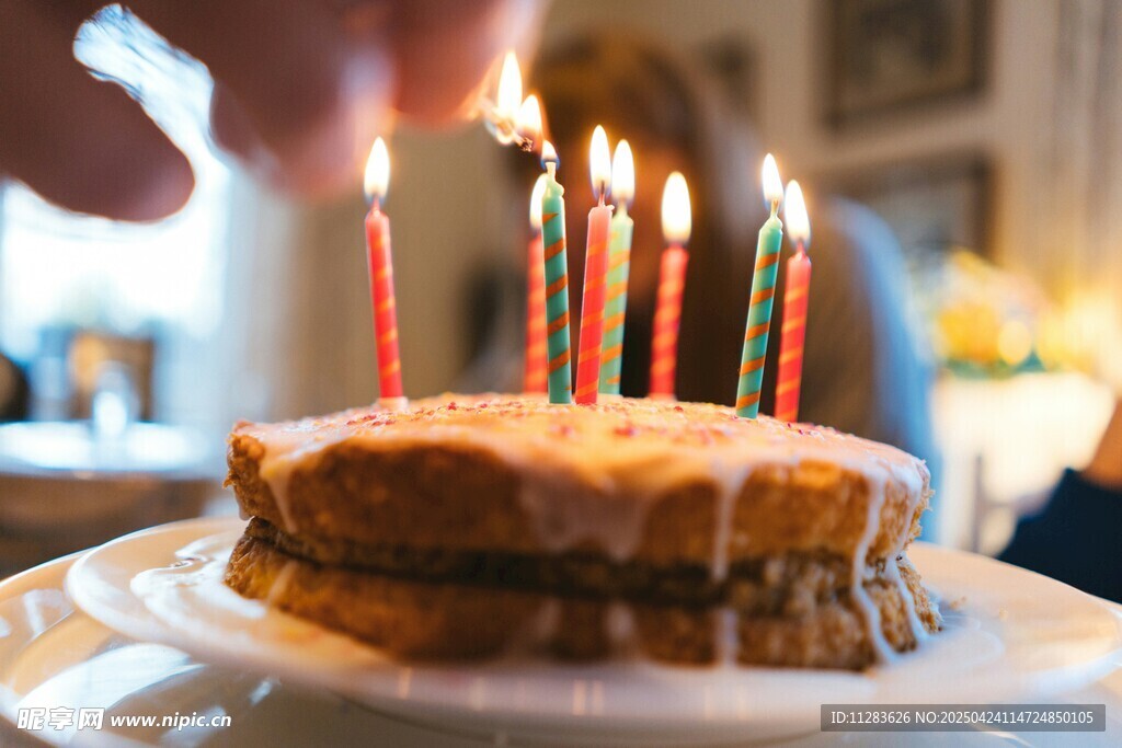 点燃蜡烛的美味生日蛋糕