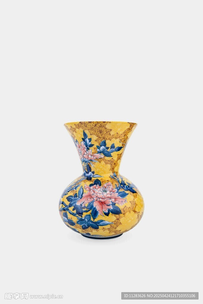 精美花卉纹黄色陶瓷花瓶