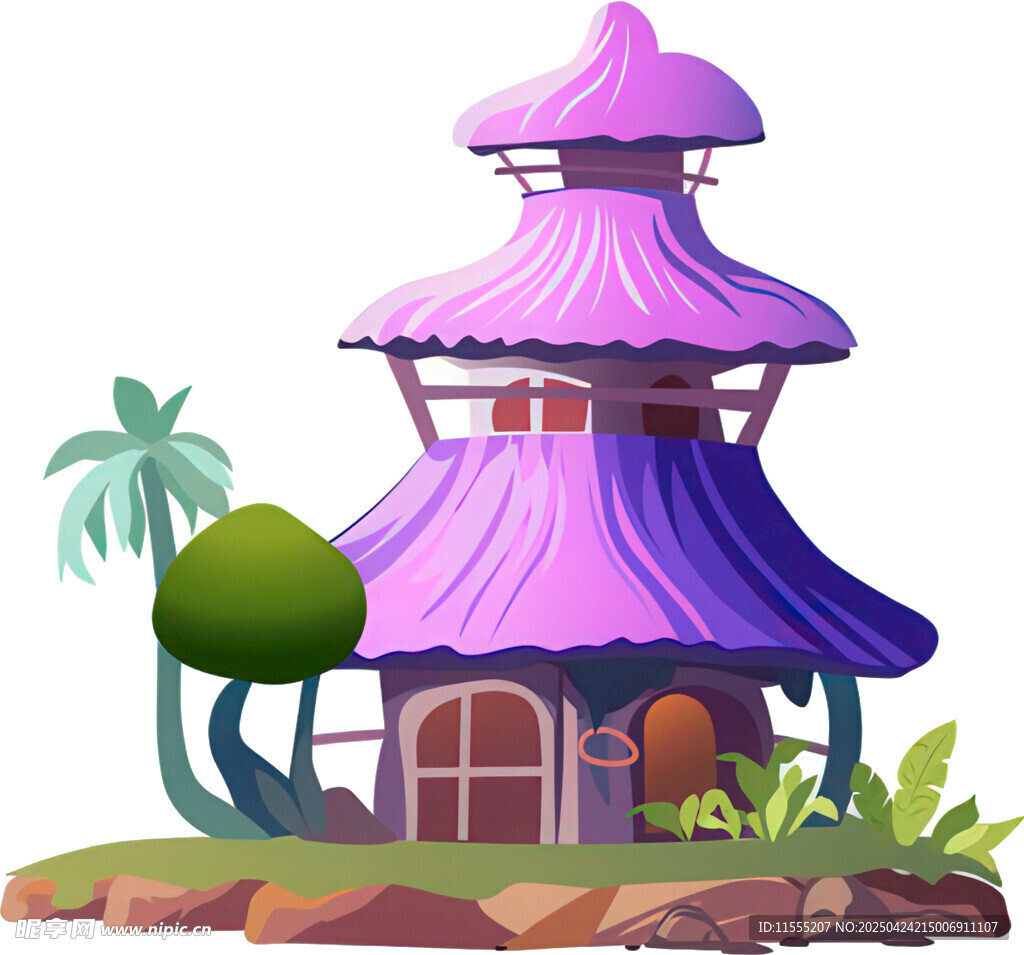 梦幻紫色小屋与绿植景观