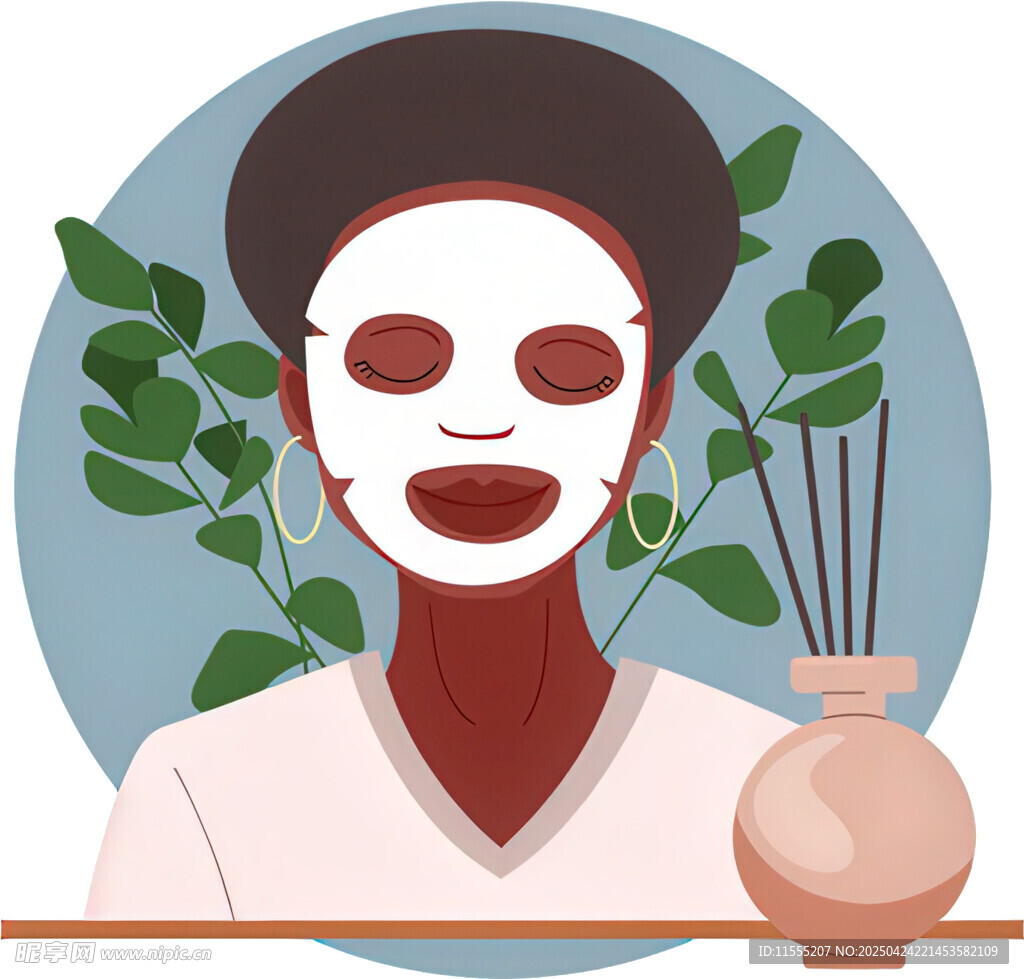 女士敷面膜享受绿植环绕