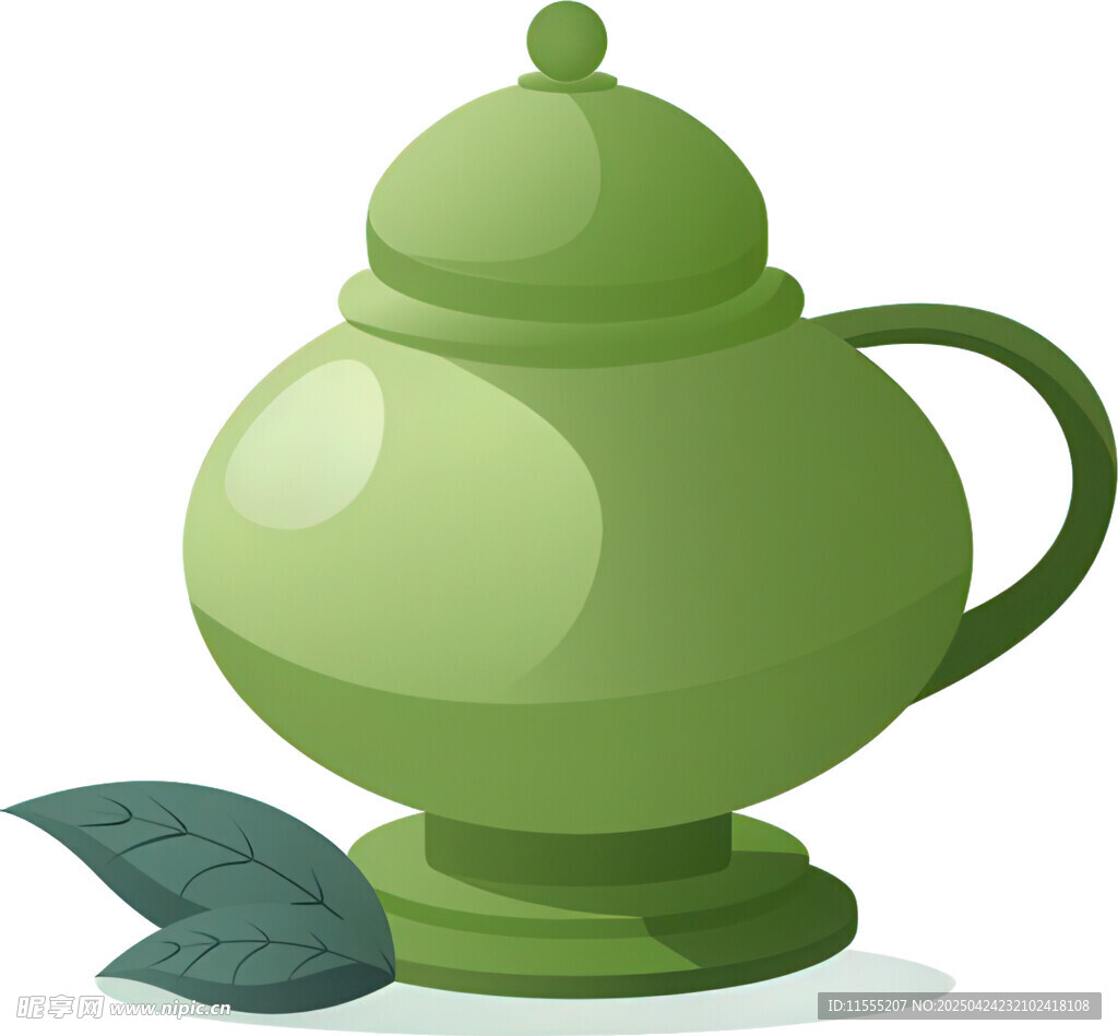 绿色茶壶与茶叶插画
