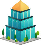 蓝色多层建筑与绿植景观
