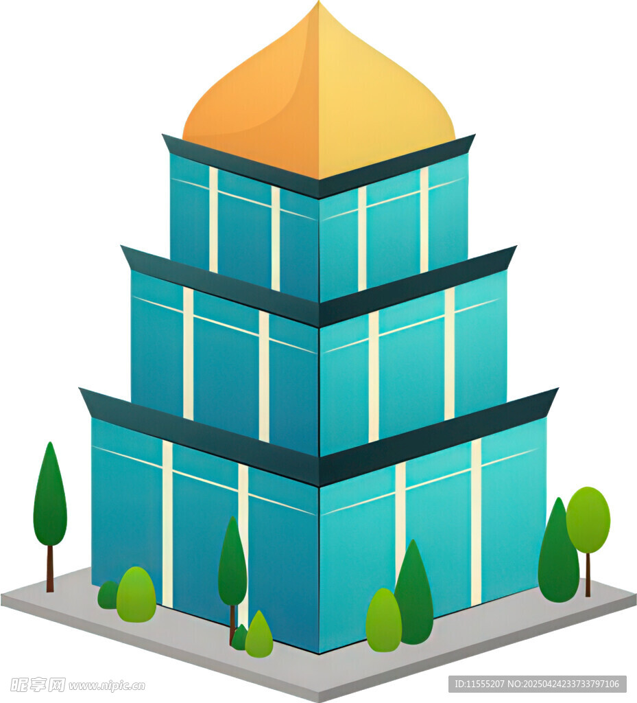 蓝色多层建筑与绿植景观