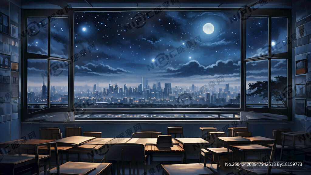 教室  窗口 月光 星空