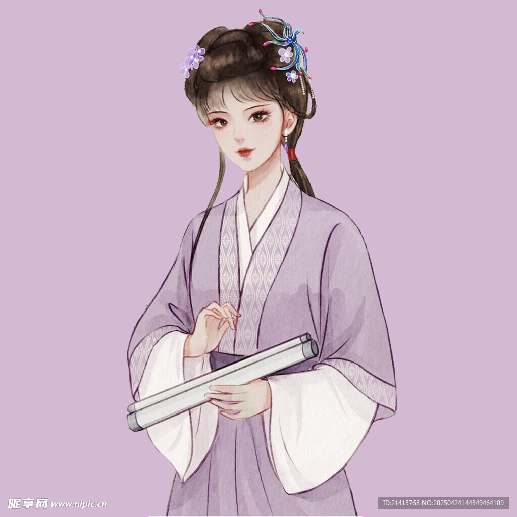 古风紫衣持卷温婉女子