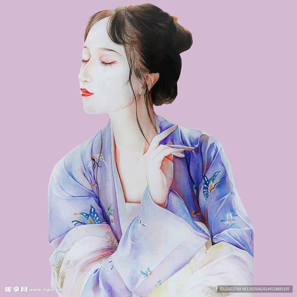古风女子身着飘逸蓝裳
