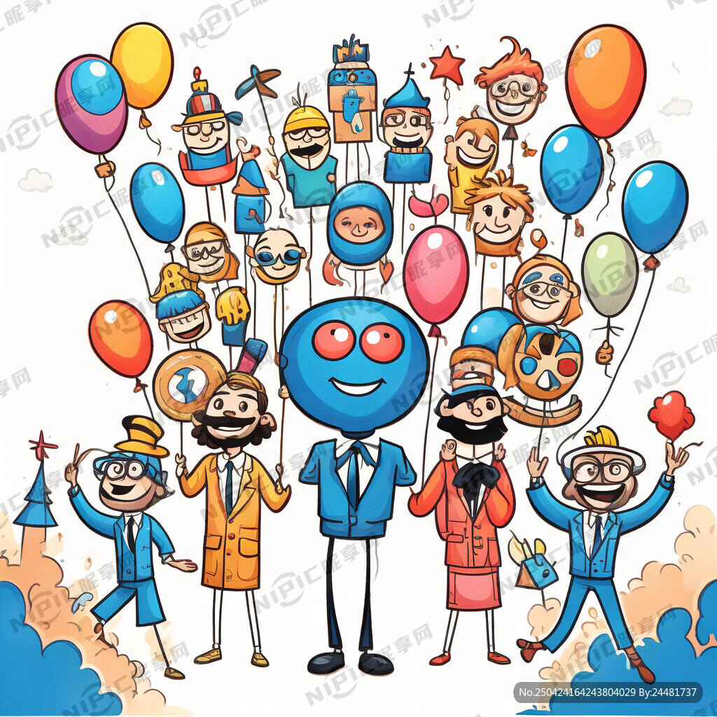 卡通人举着不同职业的梦想气球