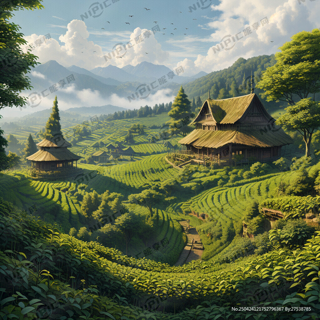 绿色唯美茶园 一间茅草屋 树林
