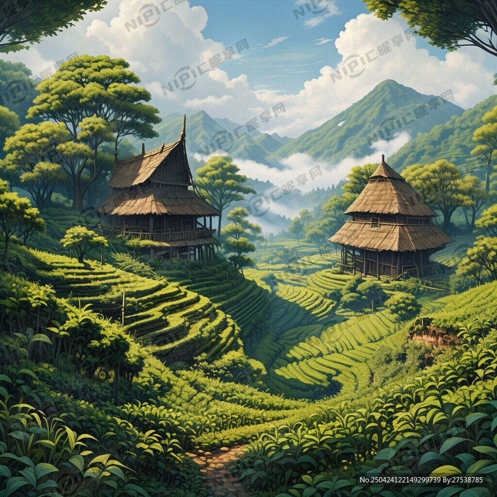 绿色茶园 一间茅草屋 树林