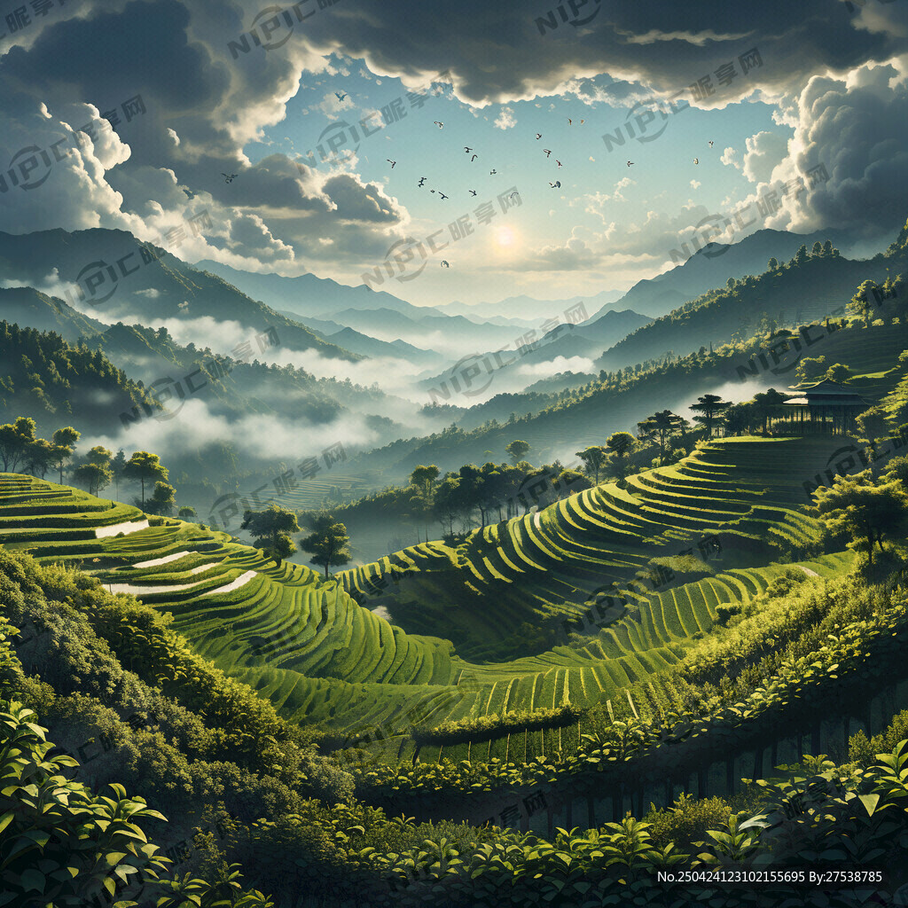 绿色梯田茶园 天幕休闲 树林