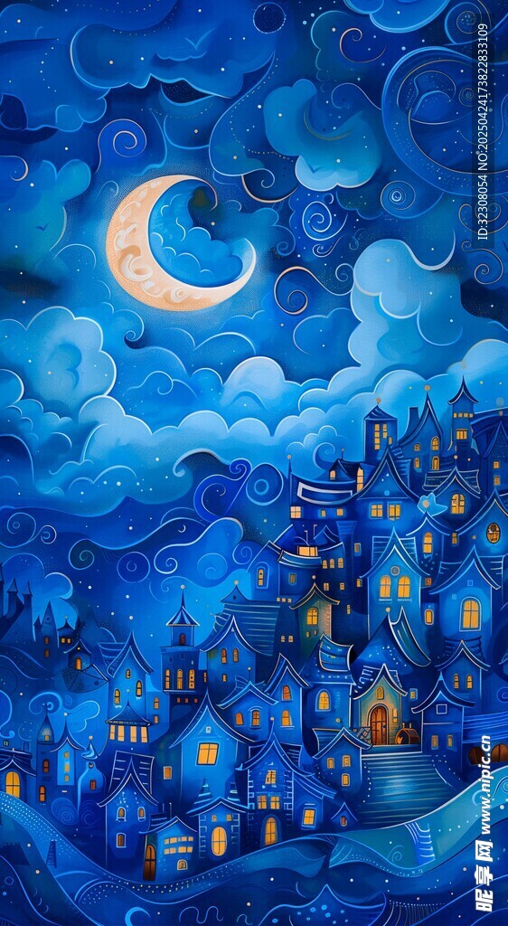 梦幻月夜下的静谧城镇