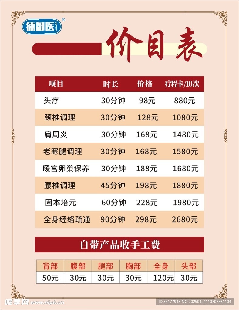 德御医价目表展示