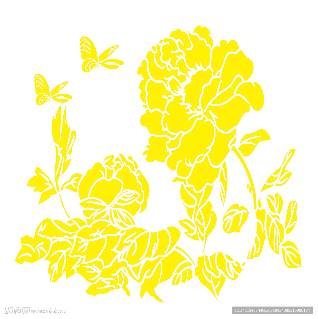 黄色牡丹蝴蝶花卉图案