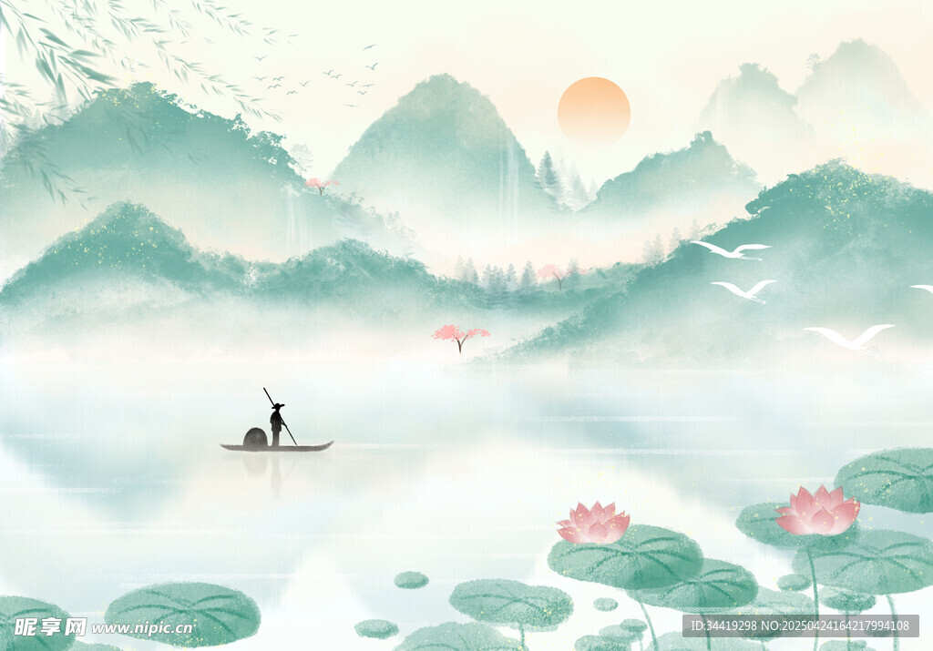 水墨山水间的孤舟赏景