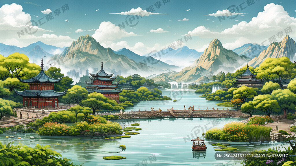 西湖风景 卡通 绿色主基调