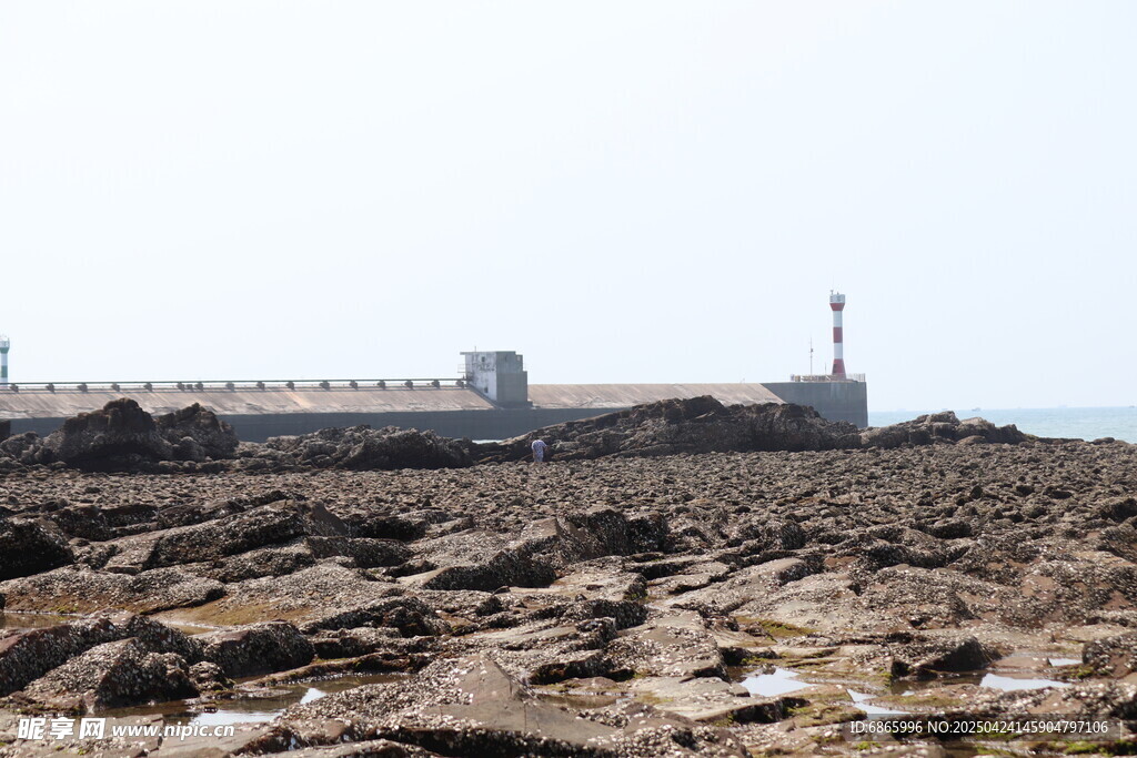海边岩石与远处建筑景观
