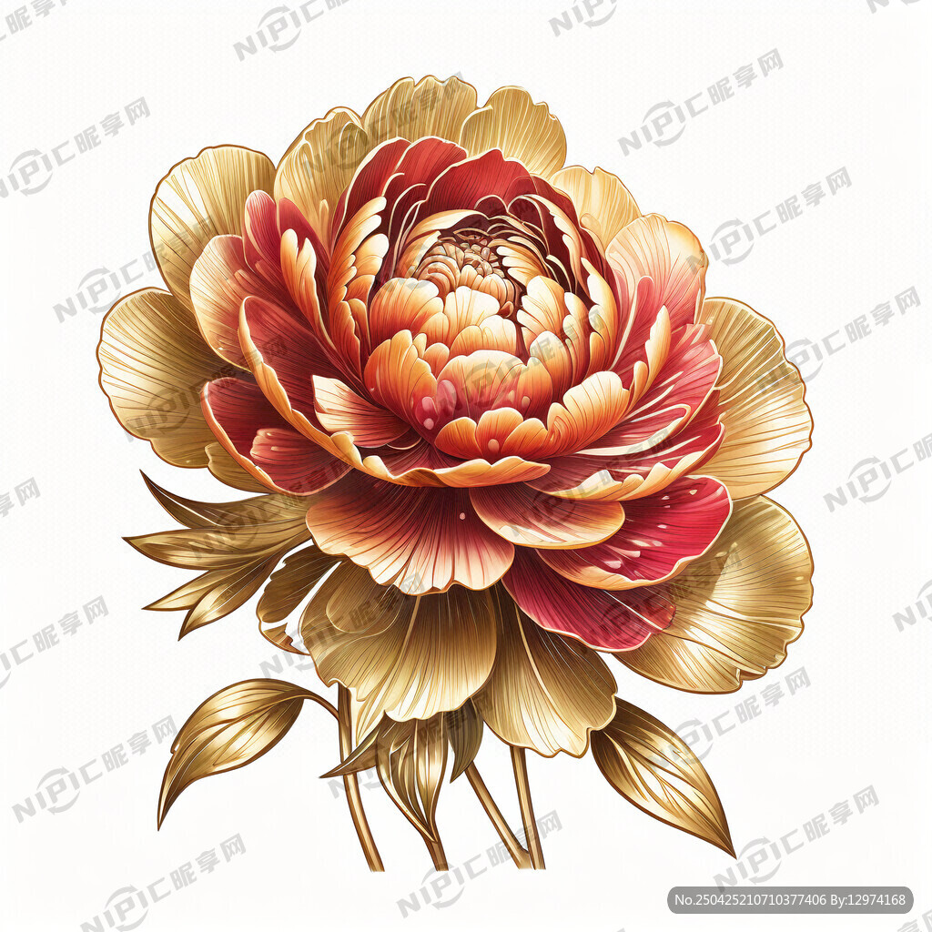 金色细线描绘的牡丹花、叶子是绿