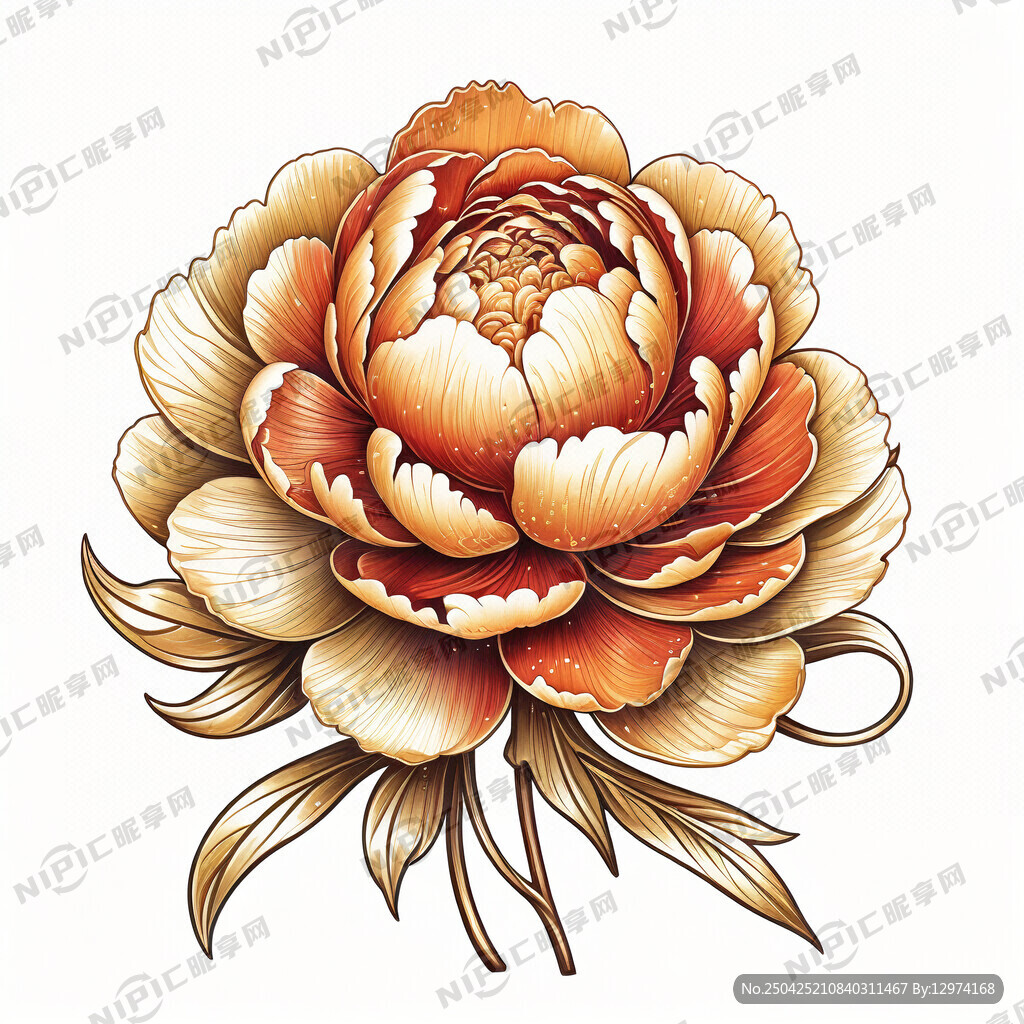 金色细线描绘的牡丹花、叶子是绿