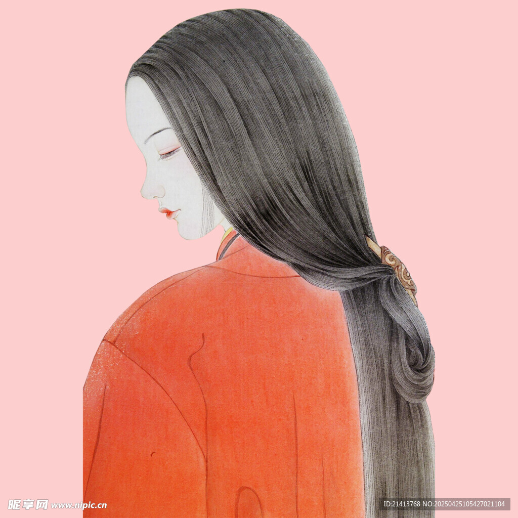 红衣女子背影及飘逸长发