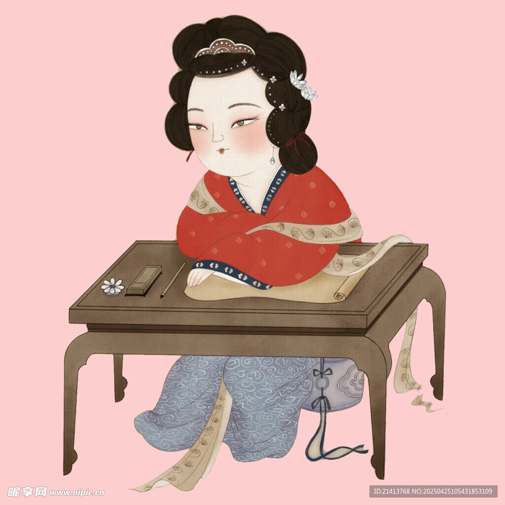 古代女子伏案书写场景