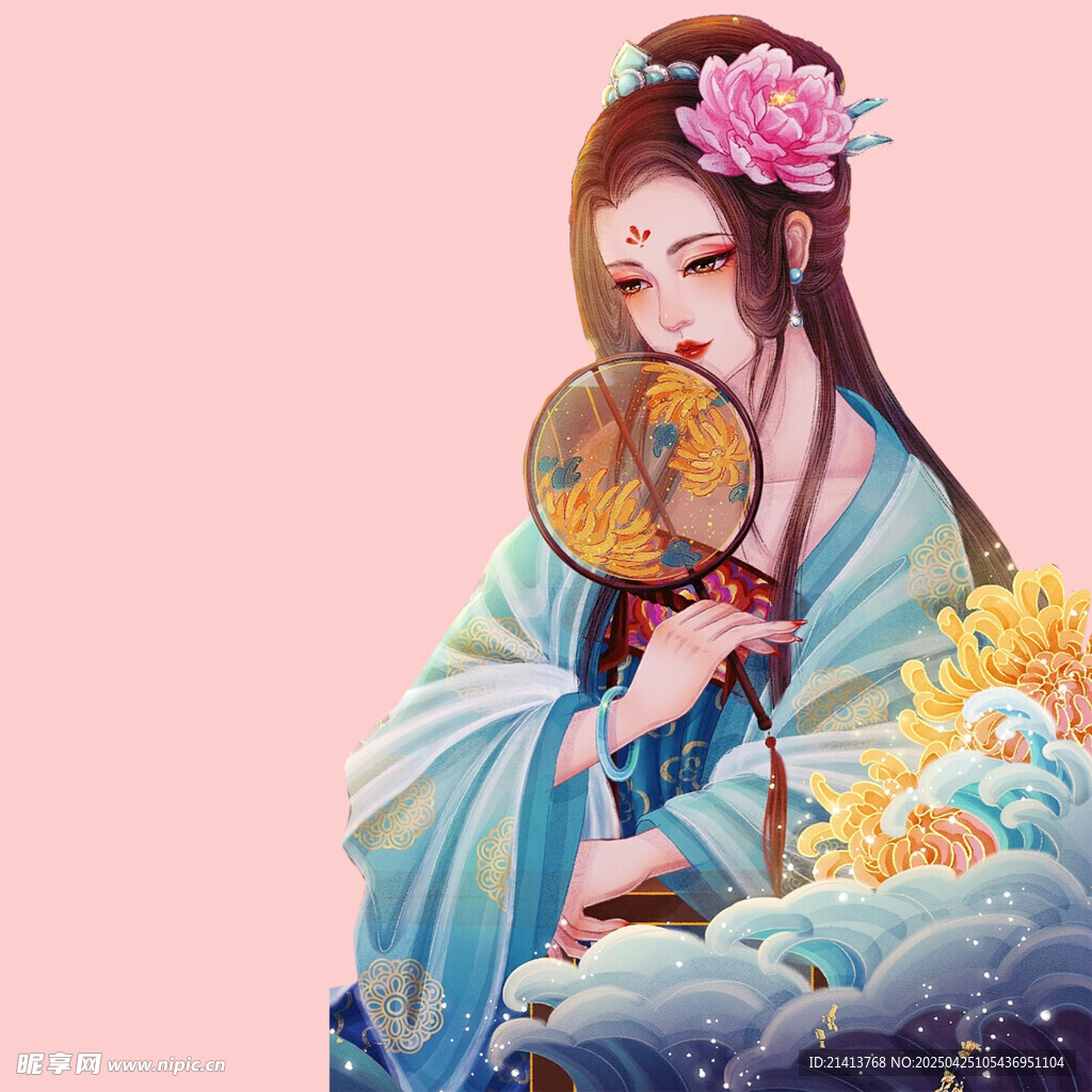 古风美人持扇倚坐花丛间