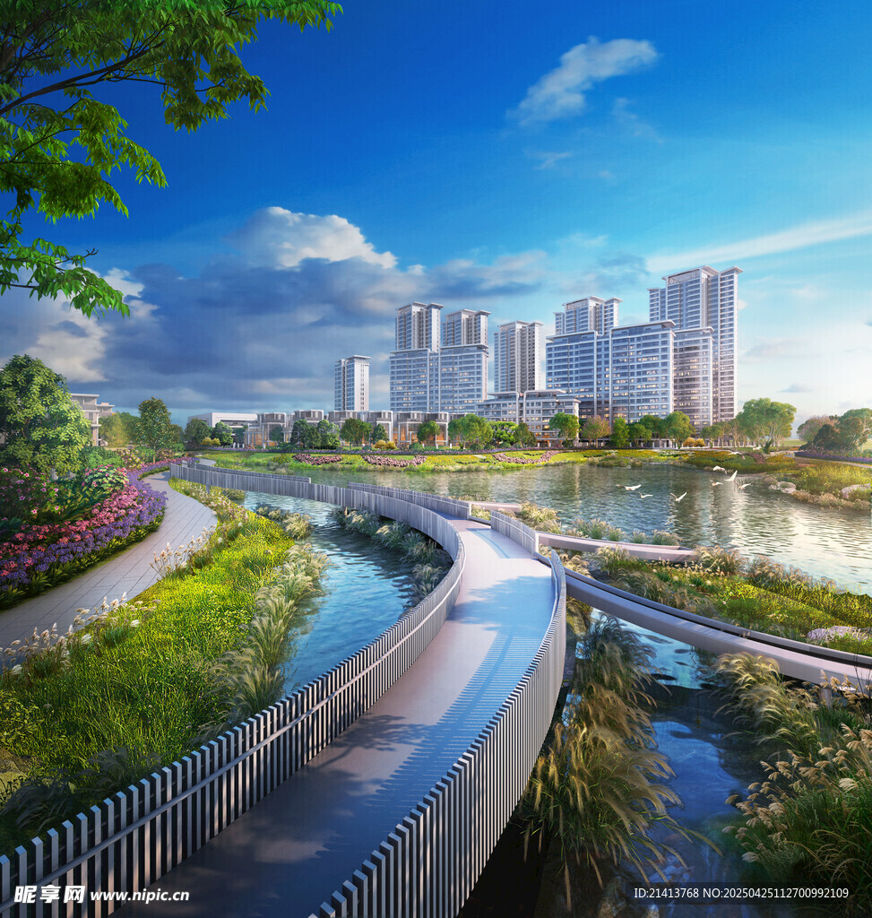 河畔城市景观优美步道