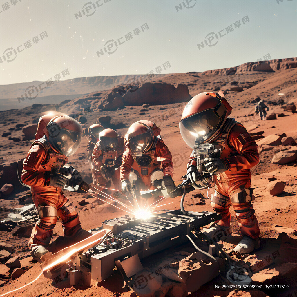 一组红色金属人在火星上面电焊